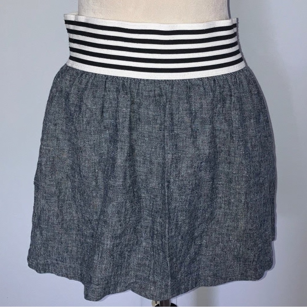 Black and White Banded Women's Blue Linen Skirt